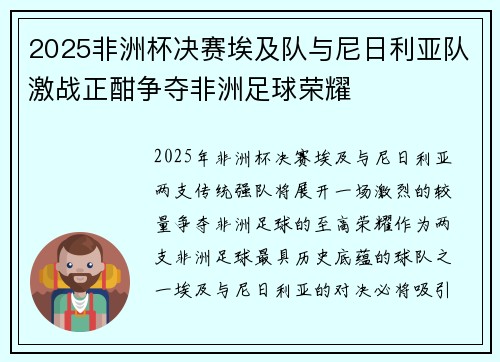 2025非洲杯决赛埃及队与尼日利亚队激战正酣争夺非洲足球荣耀